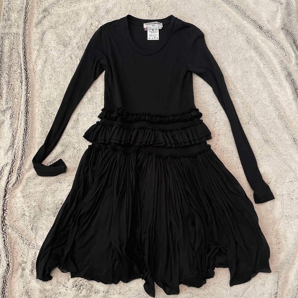 Stunning Charles Anastase ruffled waist long sleeve dress